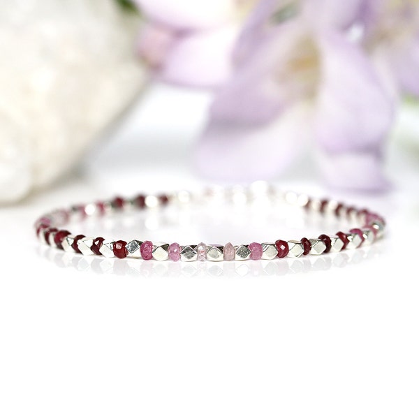 Sri Lankan Ruby Bracelet Silver, Genuine Ombre Red Ruby Jewelry, Natural Shaded Gemstones, July Birthstone, Thin Stacking Bracelet, Gift Her