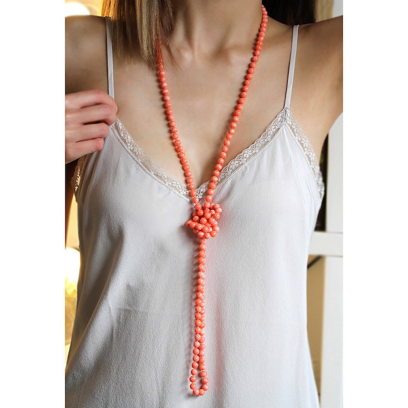 grandmother or wife made with genuine bamboo coral a perfect gift for mother Salmon pink long coral necklace