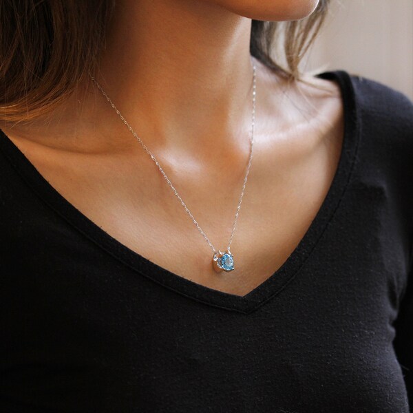 Round Blue Topaz Pendant Necklace, 925 Sterling Silver Chain, Blue Gemstone Crystal, Anniversary / Birthday Gift for Her,December Birthstone