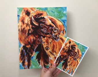 American Bison Mom and Calf Watercolour Illustration Print