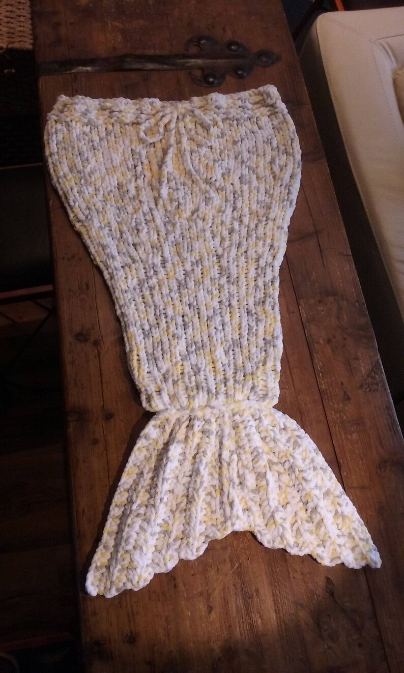 Baby to Toddler-Sleeping bag blanket snuggle time couch blanket Grey Blanket-Mermaid Yellow White Handmade Knit Item #1081