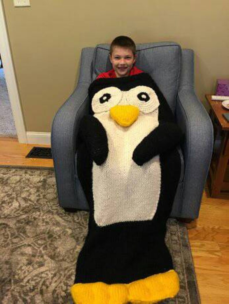 Knitting PATTERN ONLY Penguin Sleeping, Snuggle, Couch Blanket 3 Side Buttons, Bulky Knit Item