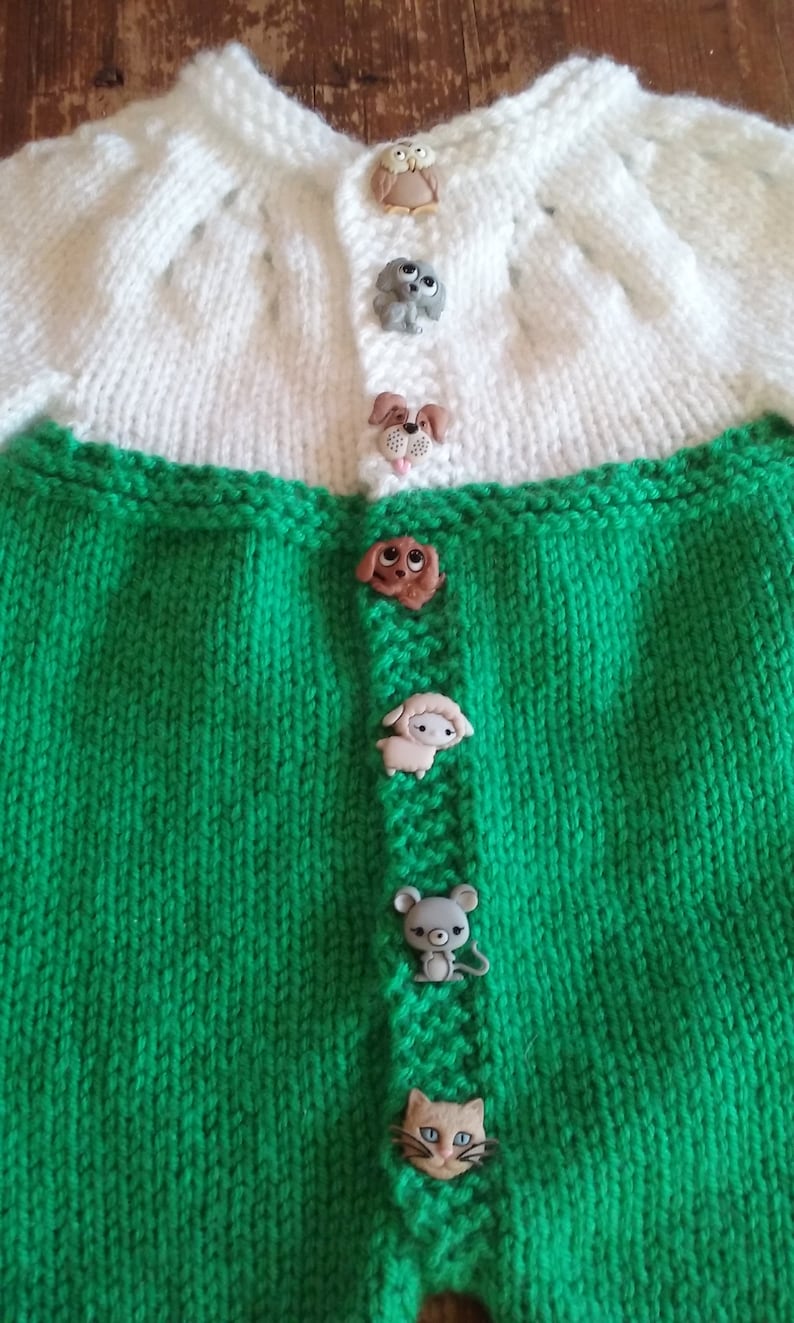 Baby Romper-Pants Onesie-Animal buttons-Green and white 9 to 12 mnth-Unisex-Long Sleeves and Legs-FREE SHIPPING Handmade Knit Item #1161