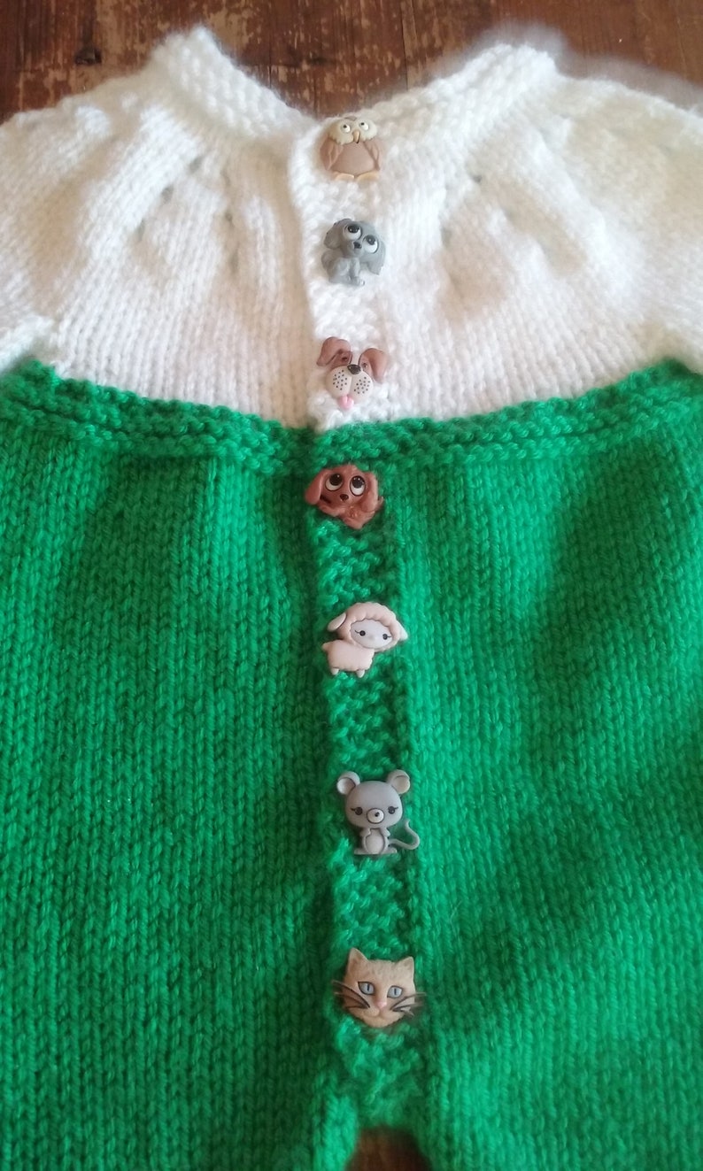 Baby Romper-Pants Onesie-Animal buttons-Green and white 9 to 12 mnth-Unisex-Long Sleeves and Legs-FREE SHIPPING Handmade Knit Item #1161