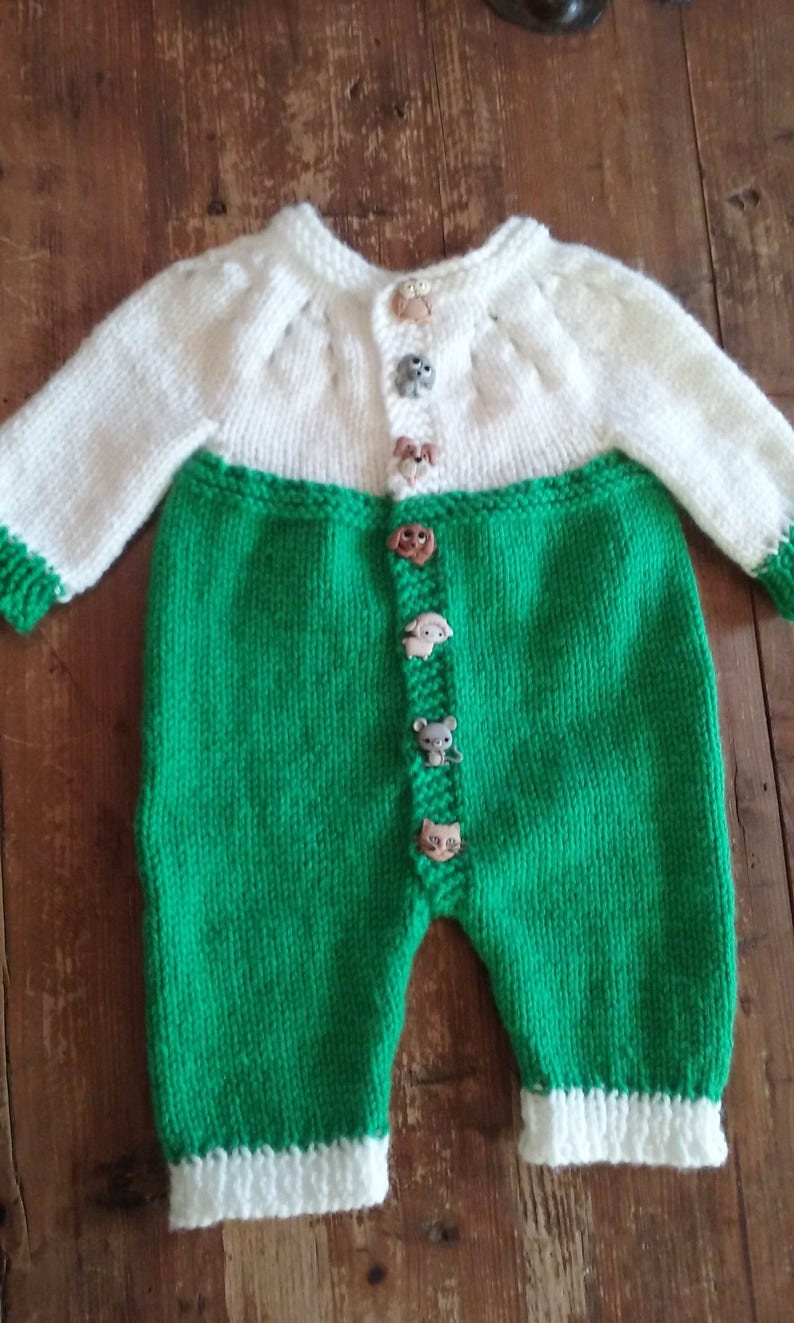 Baby Romper-Pants Onesie-Animal buttons-Green and white 9 to 12 mnth-Unisex-Long Sleeves and Legs-FREE SHIPPING Handmade Knit Item #1161
