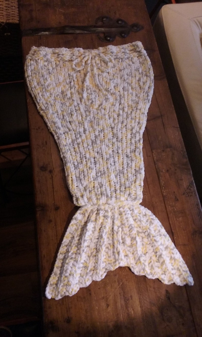 Baby to Toddler-Sleeping bag blanket snuggle time couch blanket Grey Blanket-Mermaid Yellow White Handmade Knit Item #1081