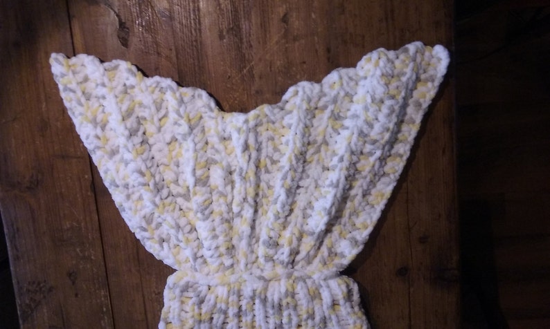 Baby to Toddler-Sleeping bag blanket snuggle time couch blanket Grey Blanket-Mermaid Yellow White Handmade Knit Item #1081