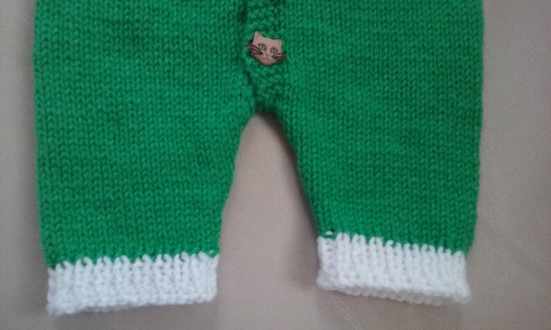Baby Romper-Pants Onesie-Animal buttons-Green and white 9 to 12 mnth-Unisex-Long Sleeves and Legs-FREE SHIPPING Handmade Knit Item #1161