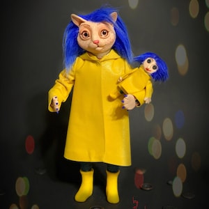 CATaline doll. Coraline Nightmare Cat doll. Cat in yellow raincoat. Cat plush doll. Cat puppet. Weird cat figurine.  Halloween cat doll