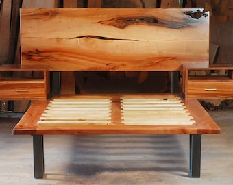 Platform bed frame - Slab headboard with floating nightstands - Live edge headboard- King Queen bed frame