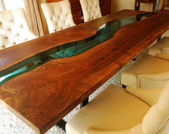 River Table - Glass Table - Live Edge Dining Table - Black Walnut Slab Table