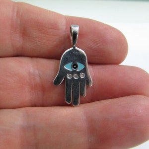 Hamsa Hand with Evil Eye Charm Pendant, Sterling Silver Hamsa with CZ stones, 1 inch, Solid 925,
