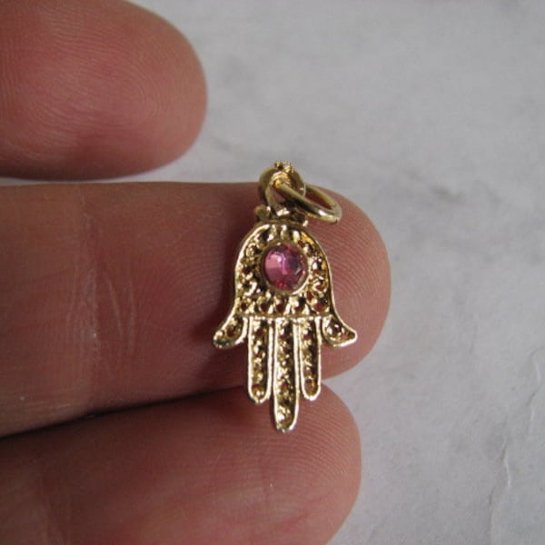 Gold Hamsa Charm with Pink Crystal Bead, 14K Goldplated Hamsa Pendant for necklace, bracelet, anklet and earring, Wholesale Charms