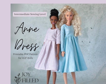 Anne Dress PDF Patrón de costura - Vestido básico, Patrón de vestido Barbie, Patrón de ropa de muñeca