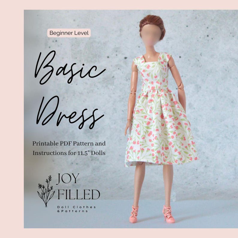 May include: Printable PDF pattern and instructions for making a basic dress for 11.5 inch dolls. The image shows a doll wearing a white dress with a pink floral print.