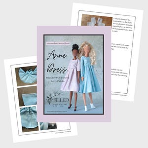 Puede incluir: Un patr&oacute;n PDF imprimible para un vestido Anne para mu&ntilde;ecas de 29,2 cm. La portada presenta dos mu&ntilde;ecas con vestidos, una con estampado de cuadros rosas y otra azul claro. Tambi&eacute;n se ve el texto "JOY FILLED Doll Clothes & Patterns".
