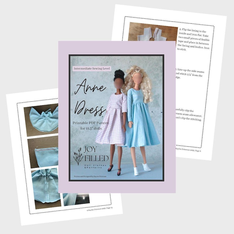Puede incluir: Un patr&oacute;n PDF imprimible para un vestido Anne para mu&ntilde;ecas de 29,2 cm. La portada presenta dos mu&ntilde;ecas con vestidos, una con estampado de cuadros rosas y otra azul claro. Tambi&eacute;n se ve el texto "JOY FILLED Doll Clothes & Patterns".