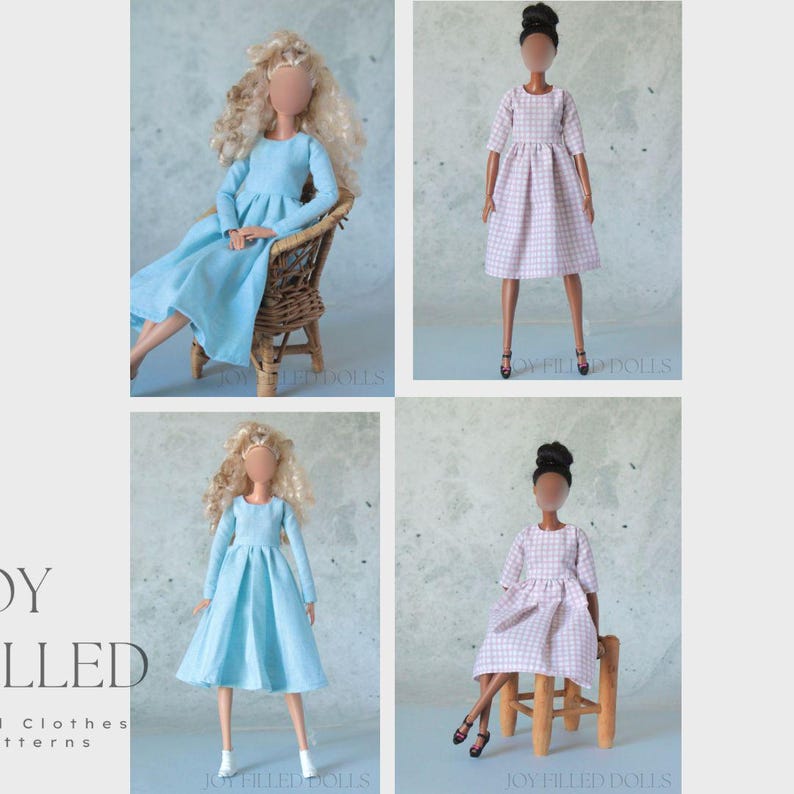 Puede incluir: Cuatro mu&ntilde;ecas con diferentes vestidos. Dos mu&ntilde;ecas visten vestidos azul claro, una sentada en una silla de mimbre. Las otras dos mu&ntilde;ecas visten vestidos a cuadros rosas y blancos. El texto "JOY FILLED DOLLS" es visible.