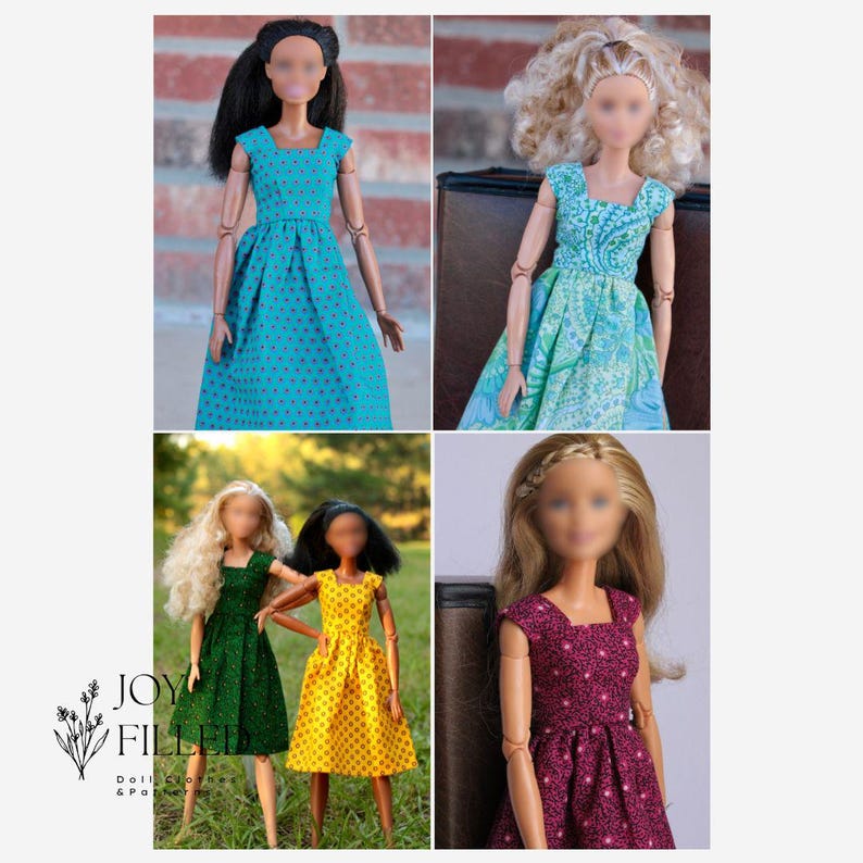 May include: Four dolls wearing different patterned dresses. The dresses are all knee-length and have a fitted bodice and a full skirt. The dolls have long hair and are wearing different hairstyles.
