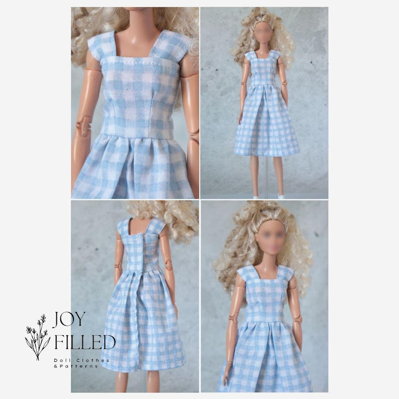 May include: A blue and white gingham dress with a square neckline and cap sleeves. The dress has a fitted bodice and a full skirt. The dress is shown on a doll.