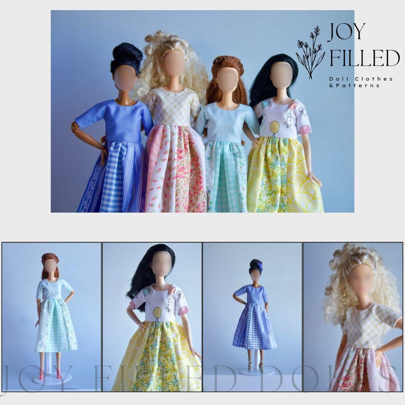 Puede incluir: Cuatro mu&ntilde;ecas vestidas con vestidos hechos a mano. Los vestidos presentan una variedad de patrones y colores, incluyendo azul, rosa y amarillo. Las mu&ntilde;ecas tienen diferentes peinados y tonos de piel. El texto "JOY FILLED Doll Clothes & Patterns" es visible.