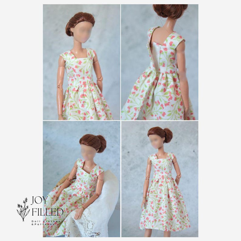 May include: A white dress with a pink floral pattern. The dress has a square neckline and sleeveless design. The dress is shown on a doll.