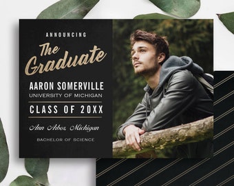 GRADUATION ANNOUNCEMENT TEMPLATE, 2 Versions, Instant Download, Boys Mens Simple Graduation Announcement Card, Editable Printable Templett