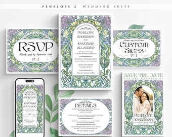 PENELOPE 2 A : CANVA Large Wedding Bundle, Floral Art Nouveau Large Wedding Invitation Suite, DIY Editable Printable - Over 60+ Templates