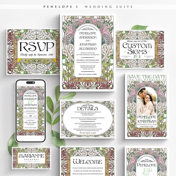 PENELOPE 1 A : CANVA Large Wedding Bundle, Floral Art Nouveau Large Wedding Invitation Suite, DIY Editable Printable - Over 60+ Templates