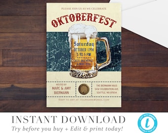 May include: An invitation to an Oktoberfest celebration with a vintage-style design featuring a beer stein with a foamy head. The invitation includes the date, time, and location of the event, as well as the hosts' names.