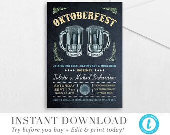 May include: Editable Oktoberfest party invitation template with a chalkboard background, two blue and white beer mugs, and the text "Oktoberfest" in yellow letters. The invitation includes the text "Join us for beer, bratwurst & more beer" and "Hosted by Juliette & Michael Richardson".