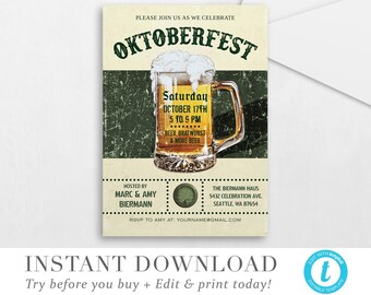 May include: An invitation to an Oktoberfest celebration with a vintage-style illustration of a beer stein. The invitation includes the date, time, and location of the event. The text reads "Please join us as we celebrate Oktoberfest, Saturday, October 17th, 5 to 9 PM, Beer, Bratwurst & More Beer, Hosted by Marc & Amy Biermann, The Biermann Haus, 5432 Celebration Ave, Seattle, WA 87654, RSVP to Amy at: yourname@gmail.com".