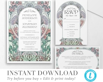 Floral Nouveau Wedding Invitation Template INSTANT DOWNLOAD Wedding Invite DIY Editable Printable Wedding Set Templett 3 piece V 03