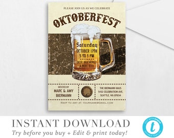 May include: An invitation to an Oktoberfest celebration with a vintage design. The invitation features a beer stein with a foamy head and the text "Oktoberfest" in a bold, stylized font. The event is scheduled for Saturday, October 17th, from 5 to 9 PM. The invitation also includes the location of the event, "The Biermann Haus", and the address, "5432 Celebration Ave, Seattle, WA 87654".