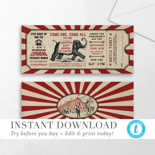 Baby Shower Invitation INSTANT DOWNLOAD Circus Theme Editable Printable Invitation Template Diaper Raffle Ticket DIY Templett