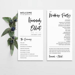 Pode incluir: Programa da cerimônia de casamento com um design em preto e branco. O programa lista a ordem dos eventos da cerimônia, incluindo a procissão, a entrada da noiva, a mensagem de casamento, a troca de votos, a troca de alianças, o anúncio do casamento, a apresentação da noiva e do noivo, e a saída. O programa também inclui uma lista dos membros da festa de casamento, incluindo o celebrante, a dama de honra, o padrinho, as damas de honra, os padrinhos, os acompanhantes, o portador de alianças e a dama de honra. O programa termina com uma mensagem de agradecimento aos convidados.