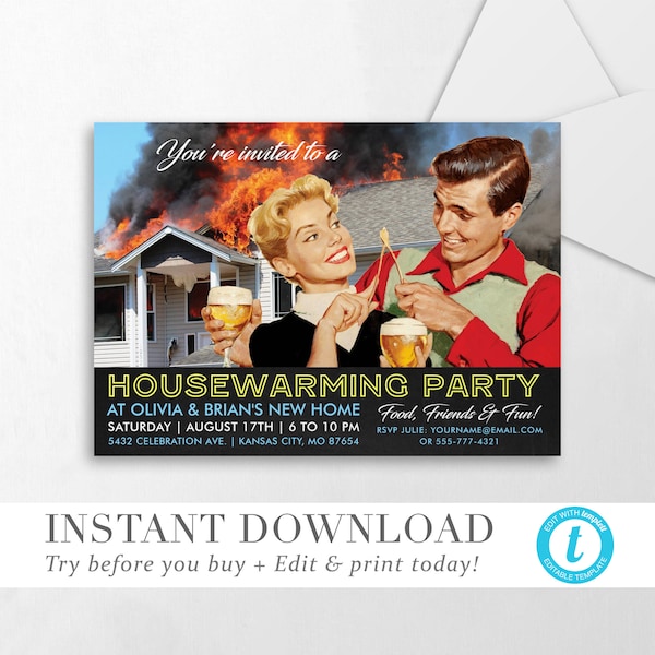 Funny Housewarming Party Invitation INSTANT DOWNLOAD Party Invite DIY Editable Template Printable Templett V03 - Try before you buy!