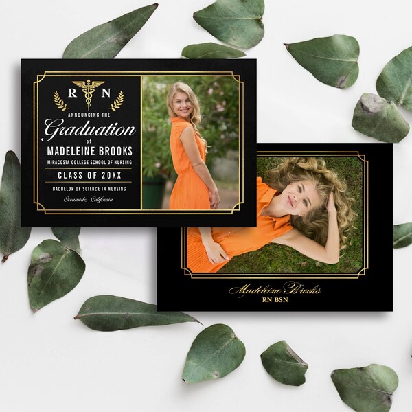 May include: Black and gold graduation announcement card with a photo of a woman in a peach dress. The card reads "Announcing the Graduation of Madeleine Brooks, Miracosta College School of Nursing, Class of 20XX, Bachelor of Science in Nursing, Oceanside, California".