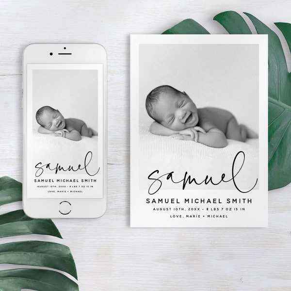 Birth Announcement Photo Card Template, INSTANT DOWNLOAD, Modern Baby Photo Birth Announcement Digital Phone DIY Editable Printable Templett