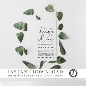 Peut inclure: Une carte blanche avec du texte noir annon&ccedil;ant un changement de plans pour un mariage en raison d'&eacute;v&eacute;nements impr&eacute;vus. La carte indique "A Little Change of Plans" avec les noms "Silka + Dylan" et le message "Ont report&eacute; leur mariage &agrave; une date ult&eacute;rieure. Nos pens&eacute;es sont avec vous en ce moment et nous vous contacterons d&egrave;s qu'une nouvelle date sera fix&eacute;e."