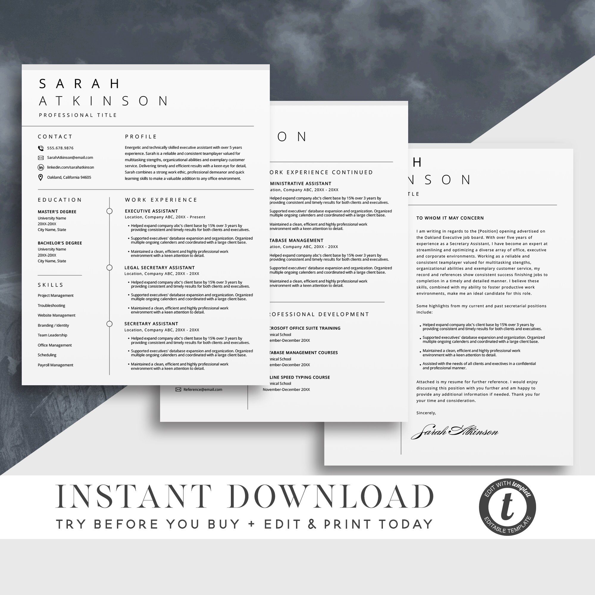 Resume Template, INSTANT DOWNLOAD, 3-page Professional Resume CV Design ...