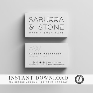 May include: Two white business cards with black text. The top card has the text "SABURRA & STONE BATH + BODY CARE". The bottom card has the text "AW ALISSON WESTBROOK Founder // CEO @SaburraStoneIG 758.232.0986 Alisson.Saburra@email.com".