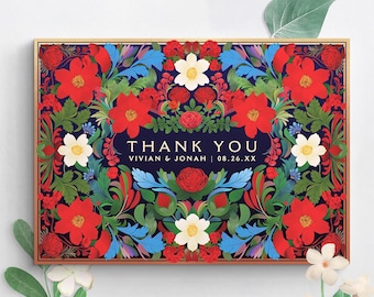 VIVIAN I : CANVA Thank You Card templates, Colorful Painted Floral Folk Art, DIY Editable Printable, Wedding Thank You Card templates