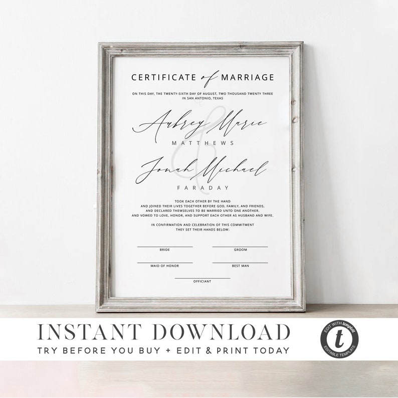 AUBREY Modern Chic Marriage Certificate Template INSTANT DOWNLOAD 2 sizes Minimalist Editable Printable Marriage Certificate Templett