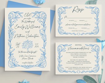 EMILY 1 : PEACOCK Mini Wedding Suite - CANVA Wedding Invitation Bundle, Wavy Hand-drawn, D-I-Y Editable Printable, Over 20+ Templates