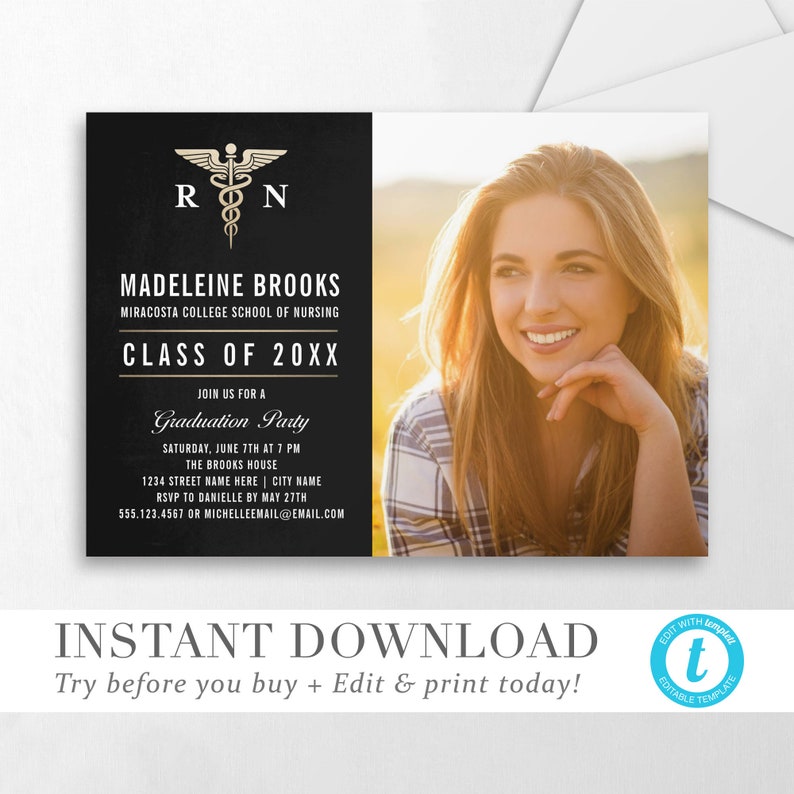 GRADUATION ANNOUNCEMENT TEMPLATE Nursing Medical School Template Graduation Card, 2 Versions, Instant Download, Editable Printable Templett image 3