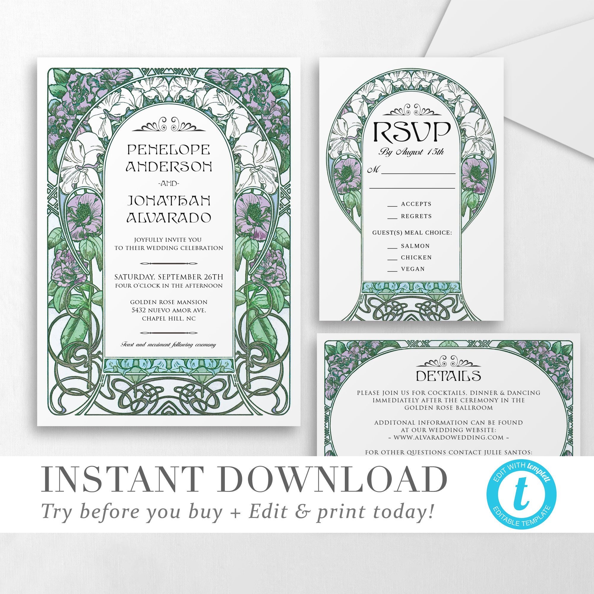 Floral Nouveau Wedding Invitation Template INSTANT DOWNLOAD Wedding Invite DIY Editable Printable Wedding Set Templett 3 piece V 02