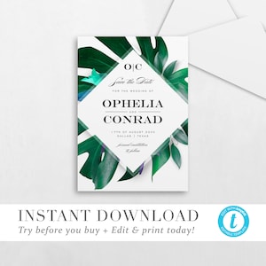 Enregistrez le modèle de date, TÉLÉCHARGEMENT INSTANTANÉ, Tropical Botanic Save the Date Card, Botanic DIY Editable Printable Wedding Save the Date Templett