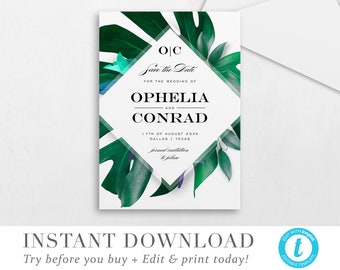 Enregistrez le modèle de date, TÉLÉCHARGEMENT INSTANTANÉ, Tropical Botanic Save the Date Card, Botanic DIY Editable Printable Wedding Save the Date Templett