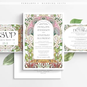 PENELOPE 1 A : CANVA ミニウェディングスイート、フローラルアールヌーボー、ウェディング招待状スイート、DIY 編集可能印刷可能 - 20 種類以上のテンプレート